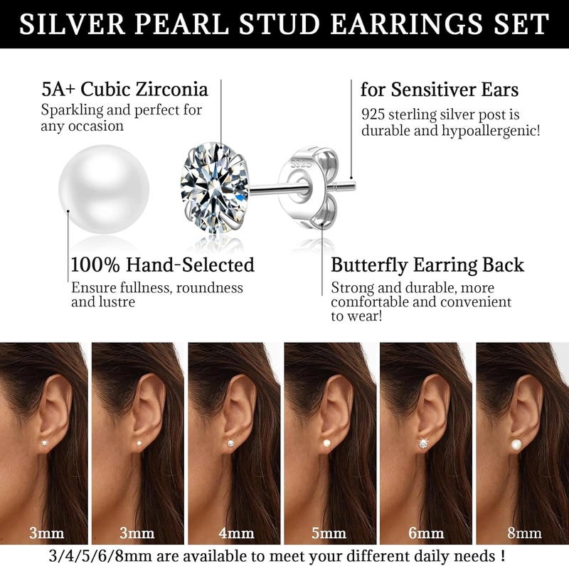 Senteria 925 Sterling Silver Pearl Earrings Studs Set Hypoallergenic Small Stud Earrings Lightweight Shiny Earrings Studs for Women 6 Pairs 3-10MM - Image 4